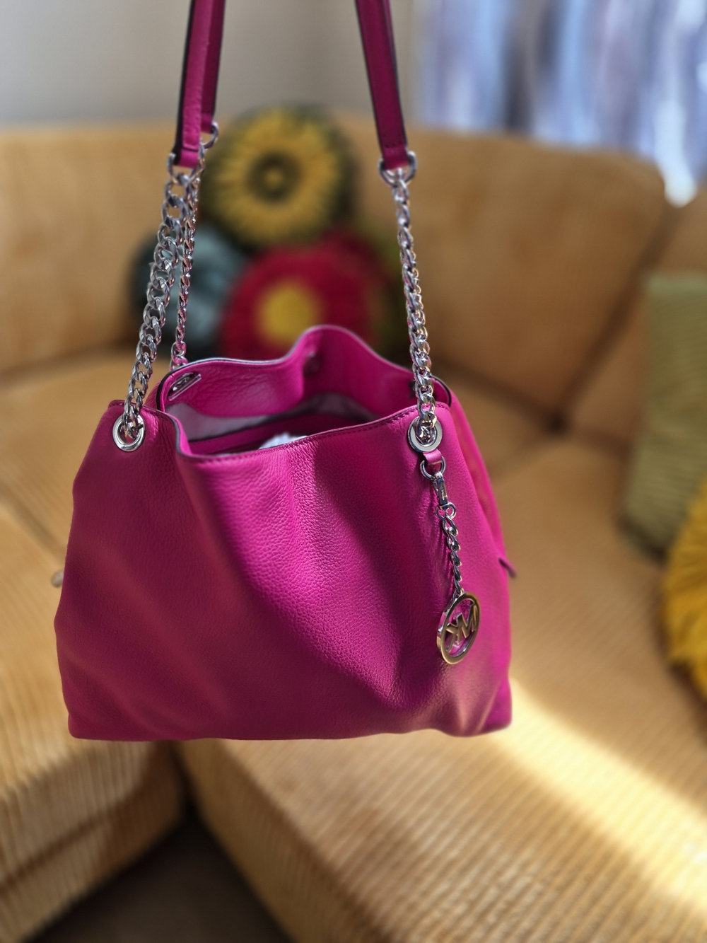 Michael Kors Hot Pink Pebbled Leather Shoulder Bag with Silver Chain-Link Straps - Picture 5 of 16